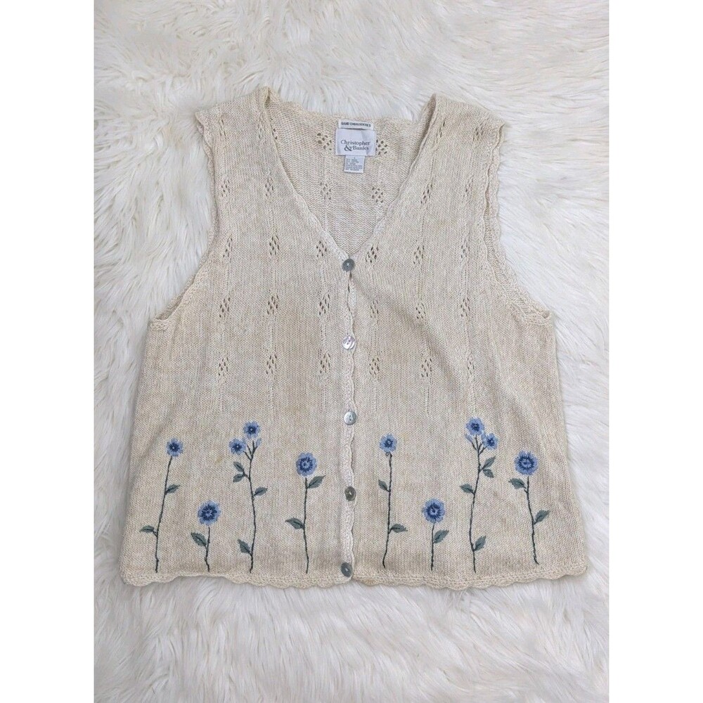Christopher & Banks Women Size Large Sweater Vest Embroidered Floral GrandmaCore